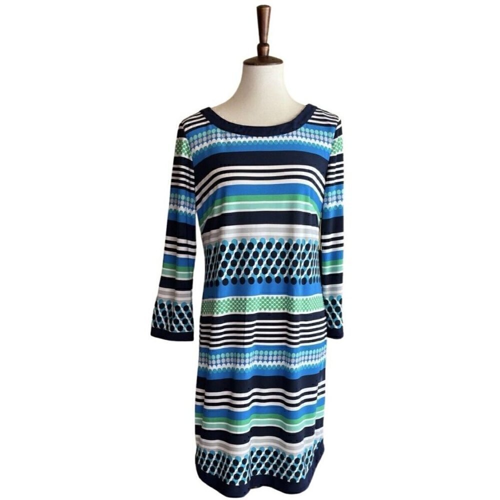 Vince Camuto Womens Blue Jersey Dotted Stripe Crew neck Mini Dress Size 14 - Picture 2 of 16